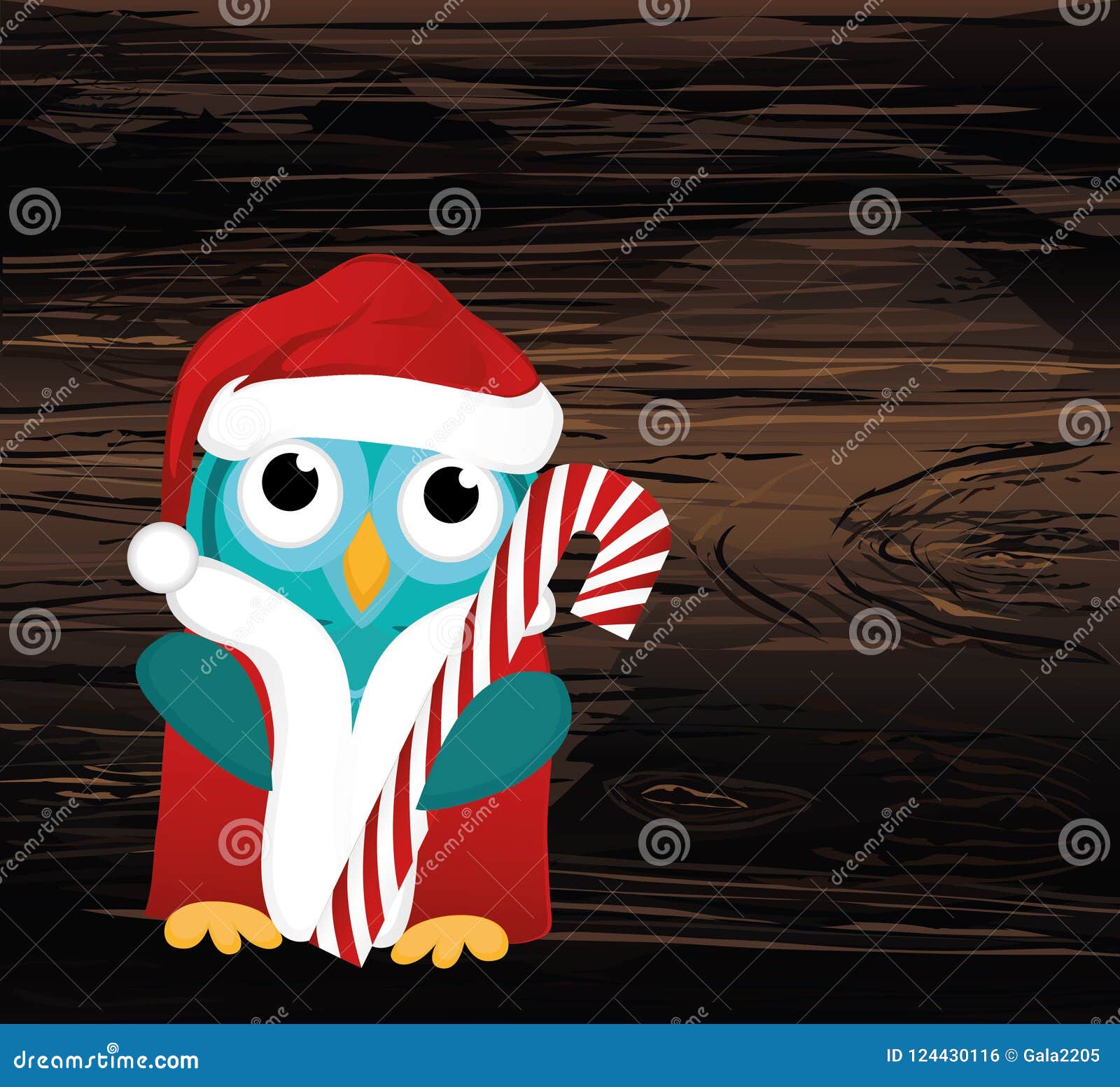 owlet in santa claus costume holds a christmas candy. greeting