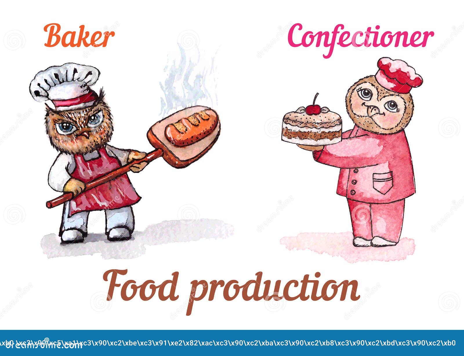 owls baker and confectioner.  watercolor set.