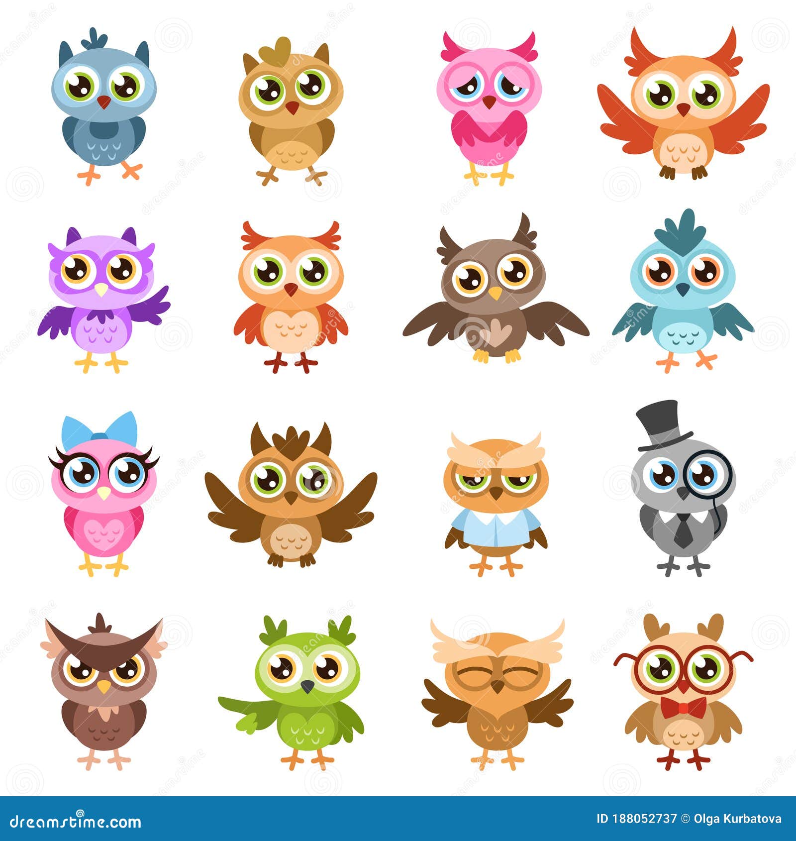 Owls. Color Cute Wise Owl Stickers, Birthday Kids Shower Funny Forest Birds  with Different Gestures Vector Cartoon Stock Vector - Illustration of  greeting, comic: 188052737