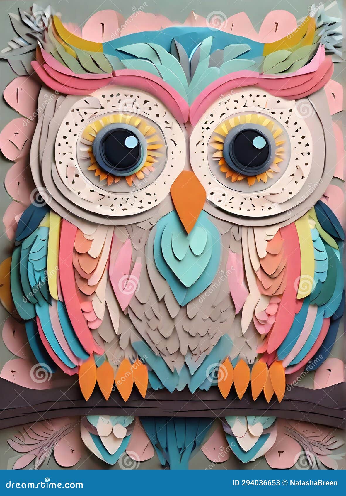 owls painted background knolling papercutstyle pastel tones
