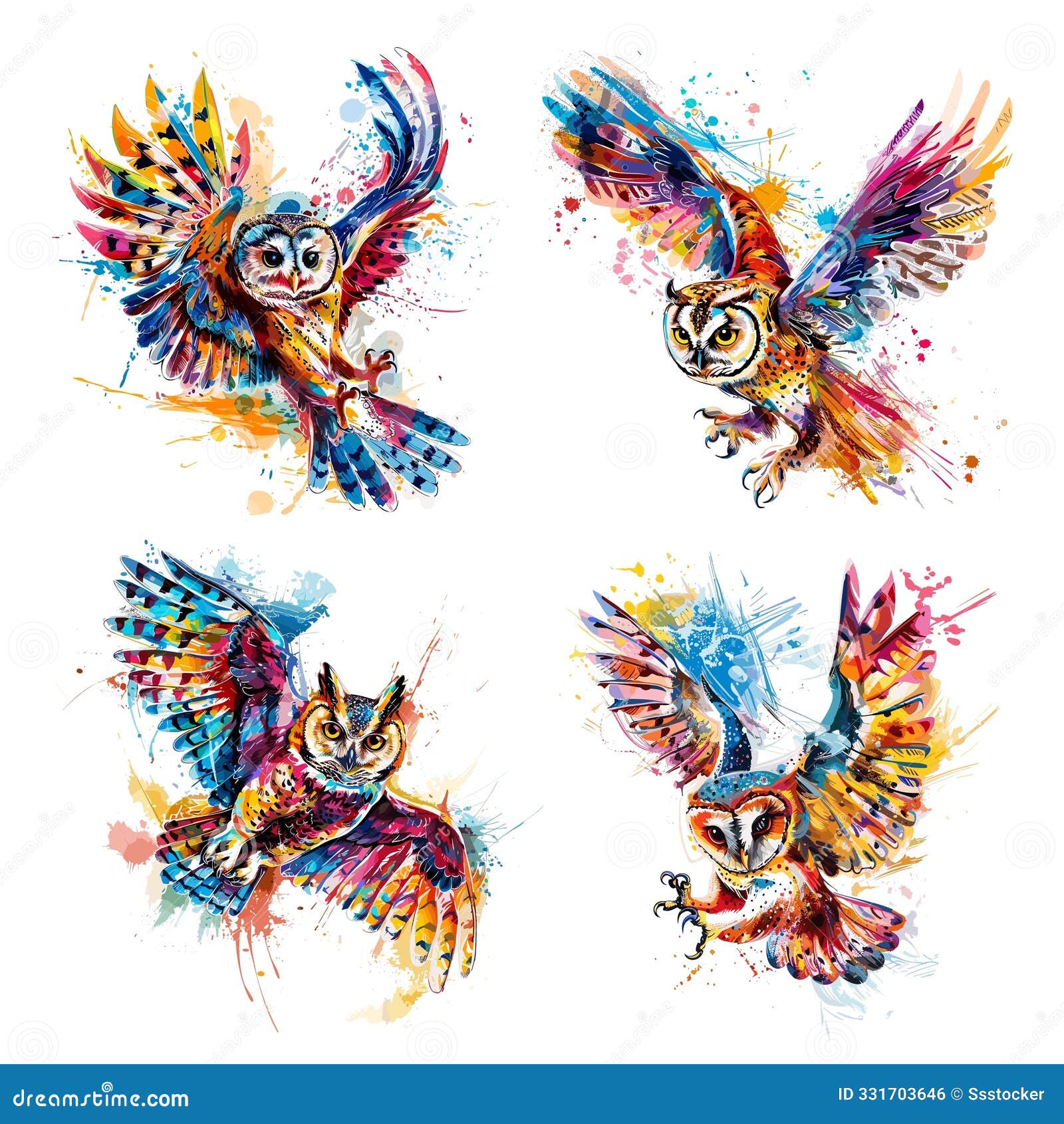 owls sketch set. eagle owl colorful drawing with paint splashes, bird animal body part feather flying wings tattoo