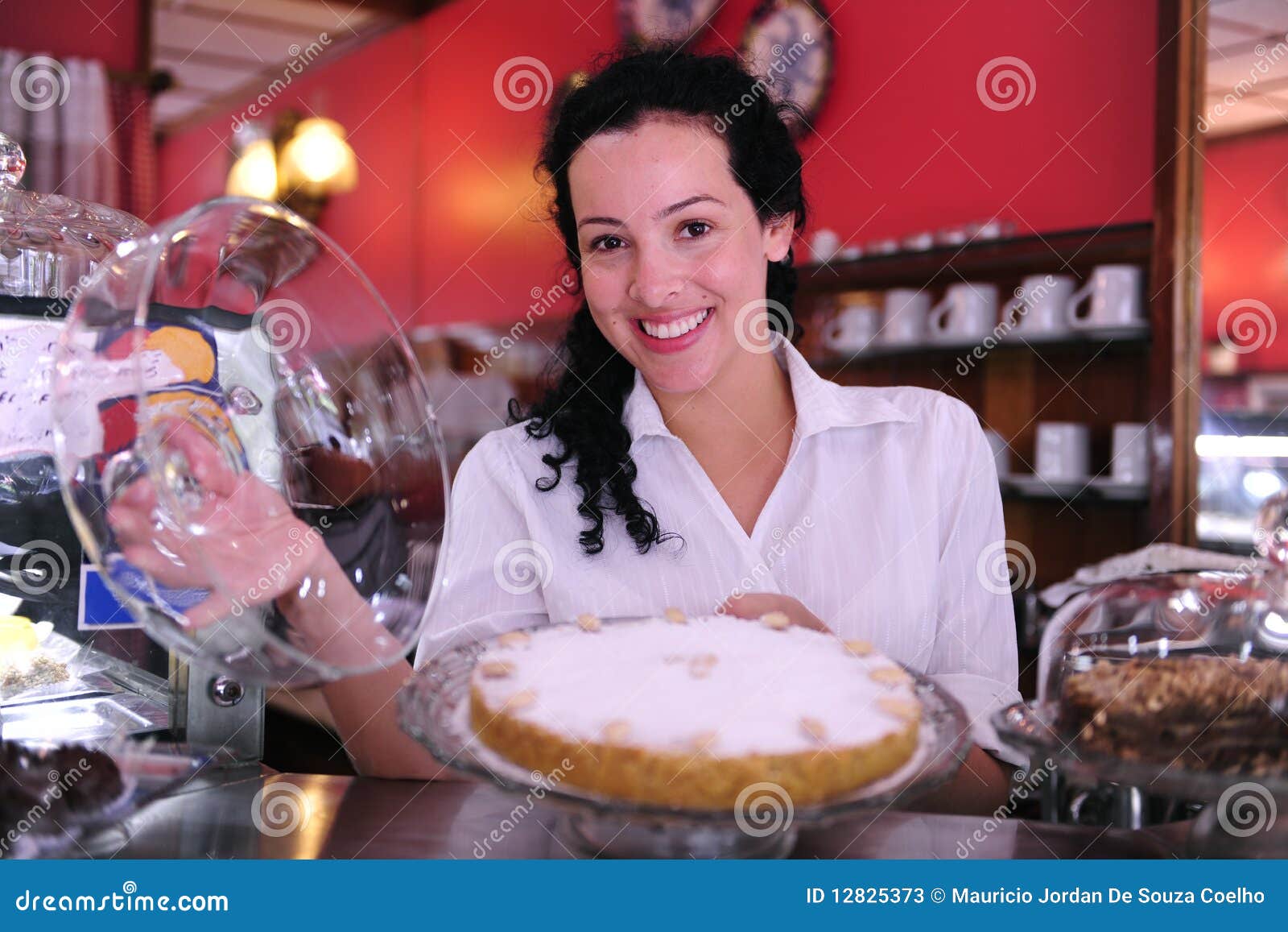 Owner of a Cafe Showing a Cake Stock Image Image of grocery, cafe 12825373