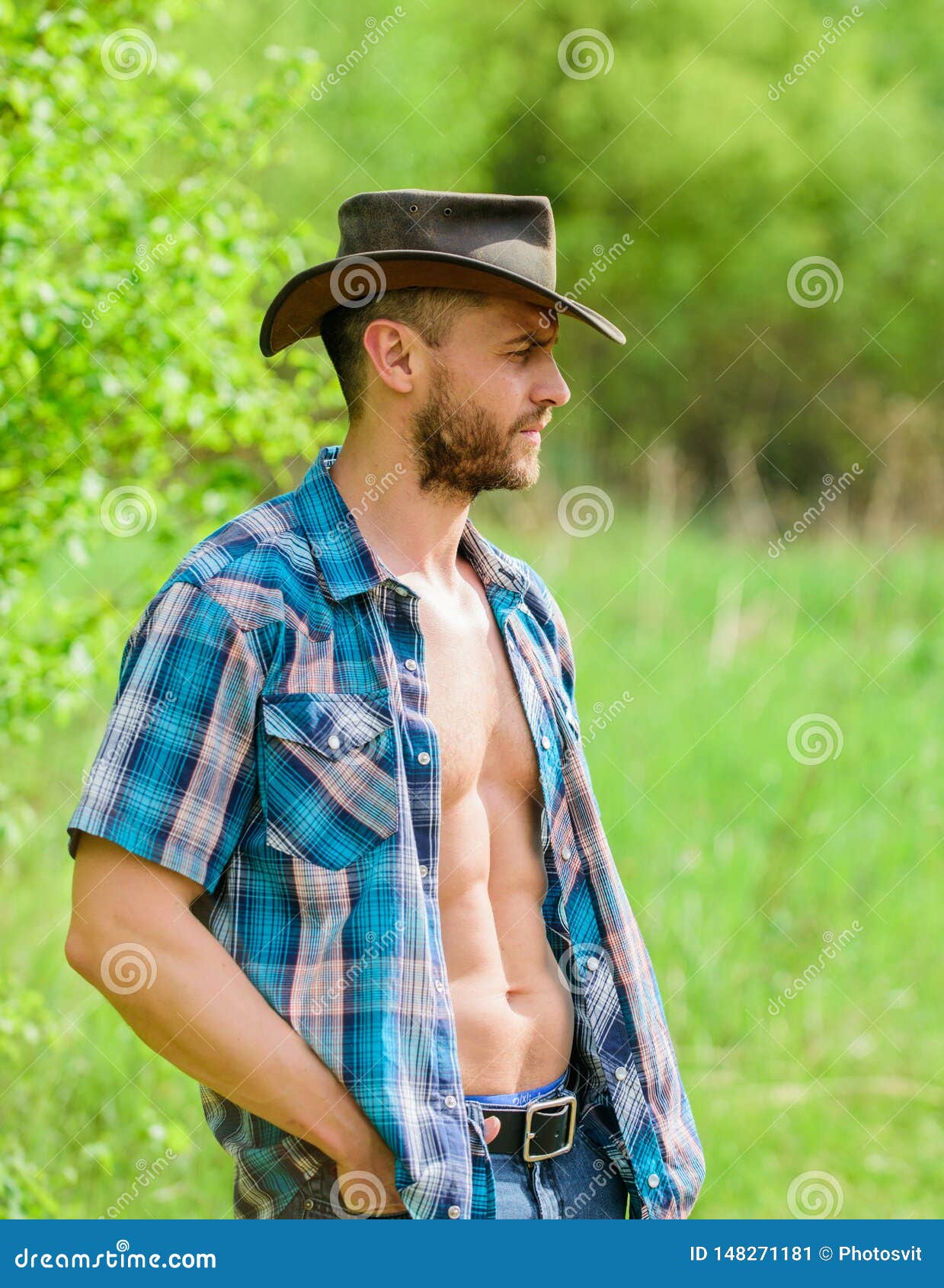 Owner of Rancho. Man Unshaven Face Muscular Torso Cowboy. Farm Concept ...