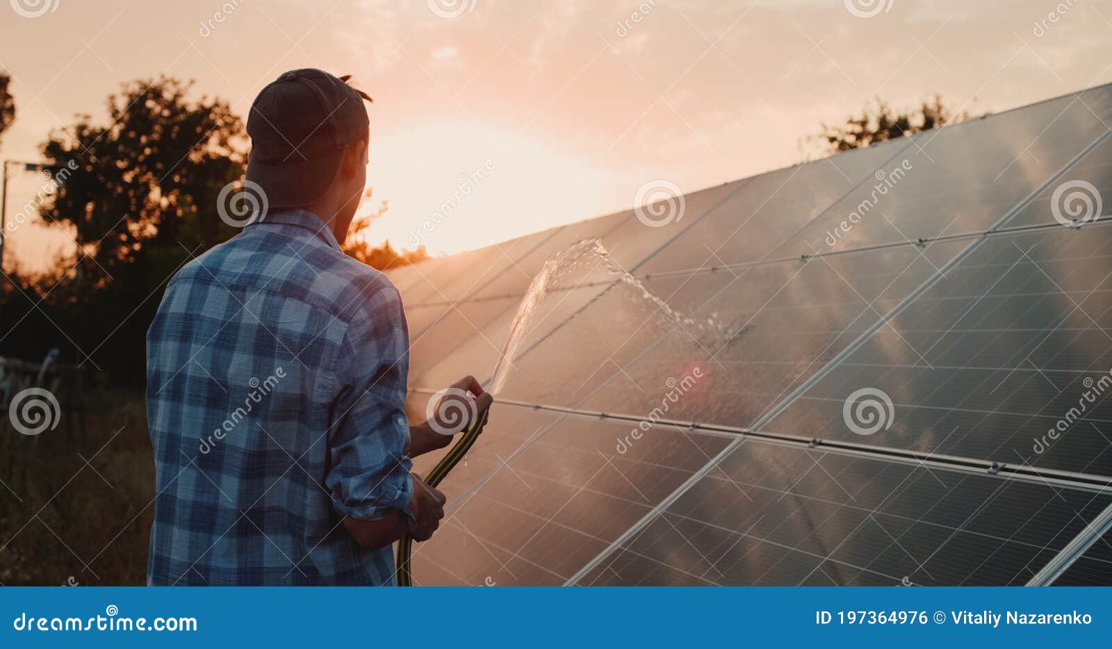 Owner Washes Panels of Home Solar Power Plant Stock Photo Image of
