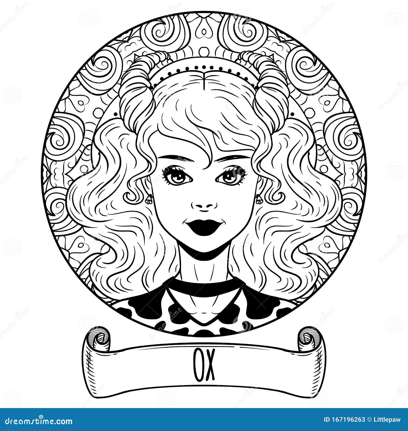 Ox Chinese Zodiac Sign Artwork As Beautiful Girl, Adult Coloring Book