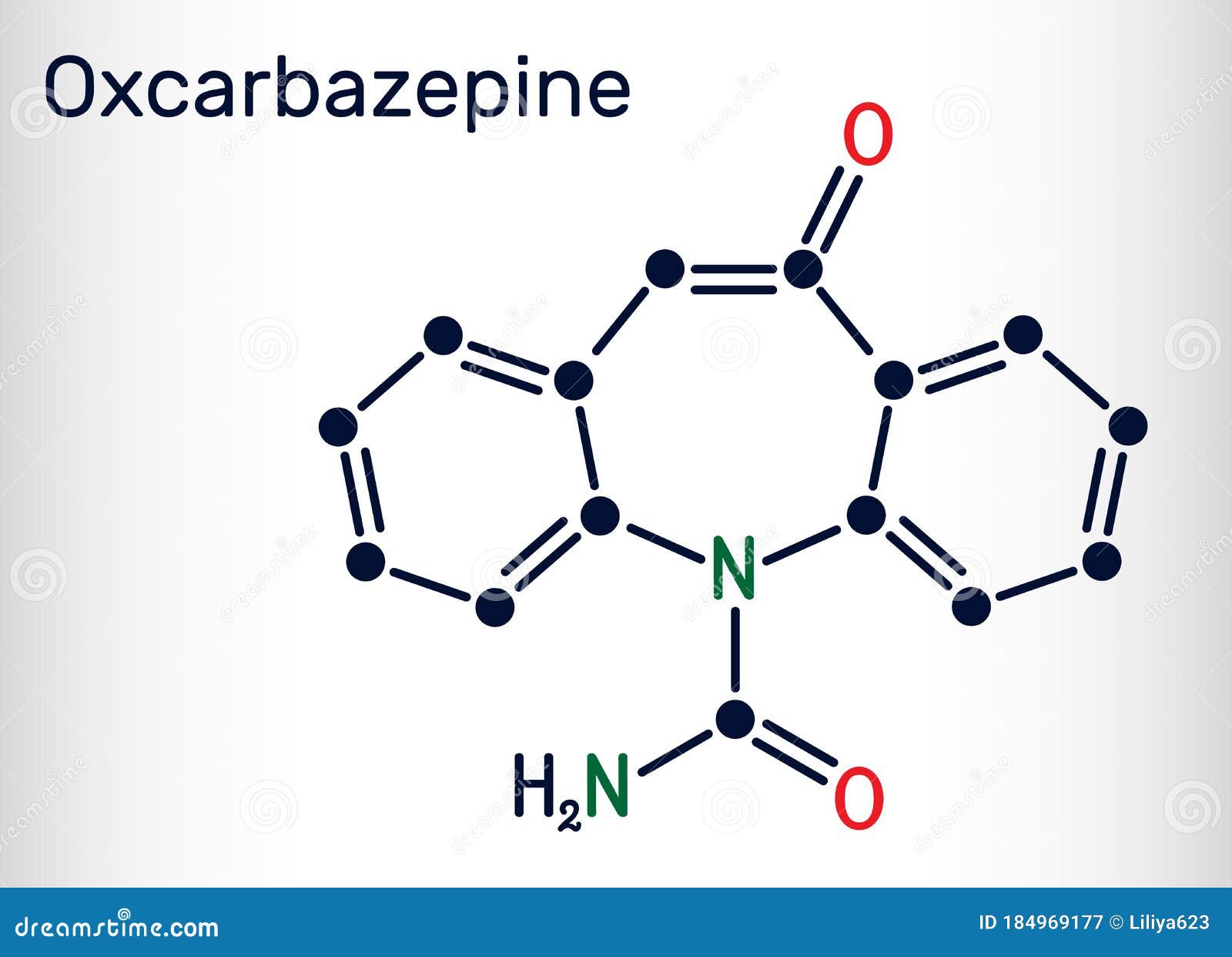 oxcarbazepine, c15h12n2o2 molecule. it is antiepileptic, anticonvulsant drug used in treatment of seizures, epilepsy, bipolar
