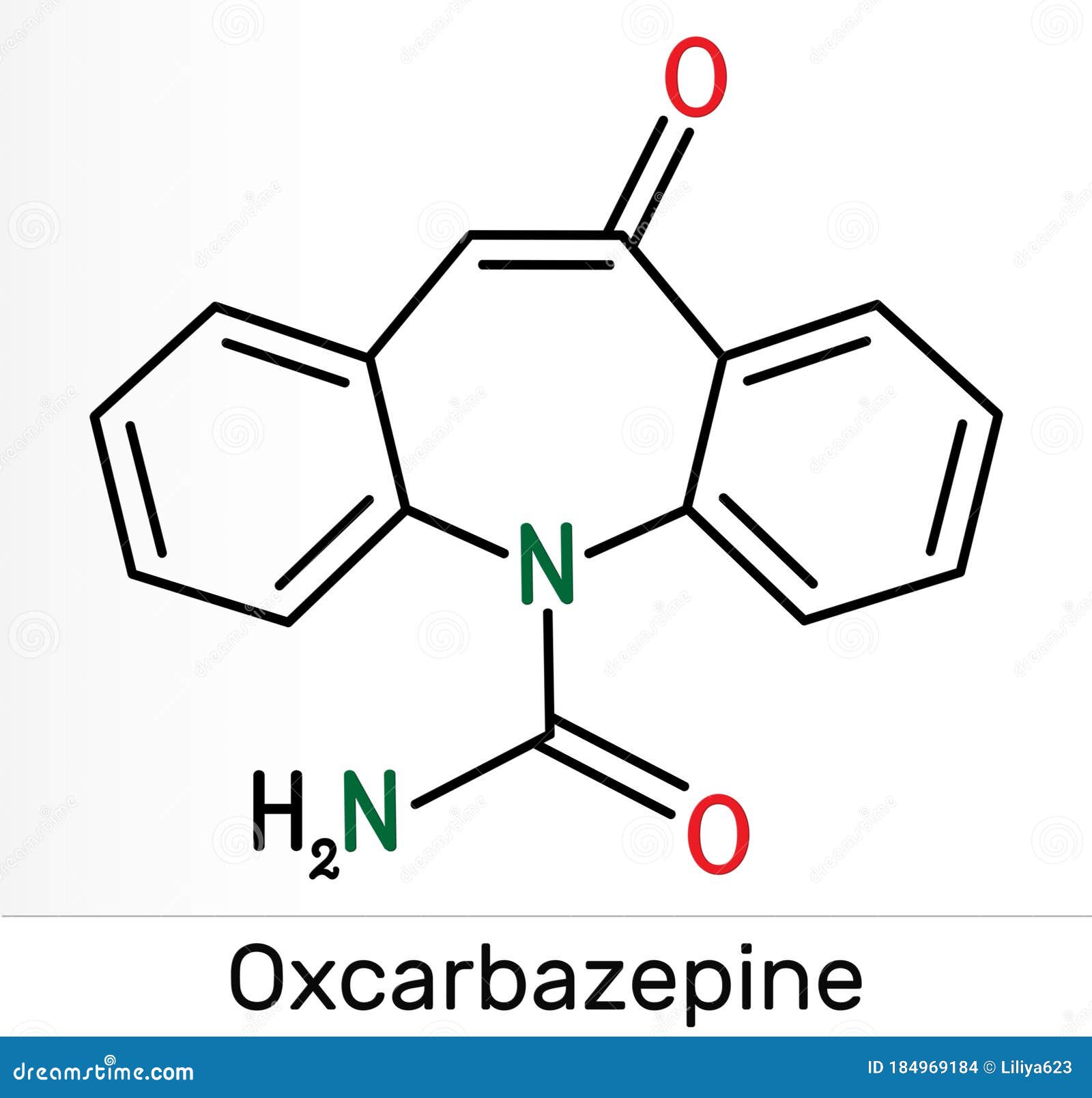 oxcarbazepine, c15h12n2o2 molecule. it is antiepileptic, anticonvulsant drug used in treatment of seizures, epilepsy, bipolar