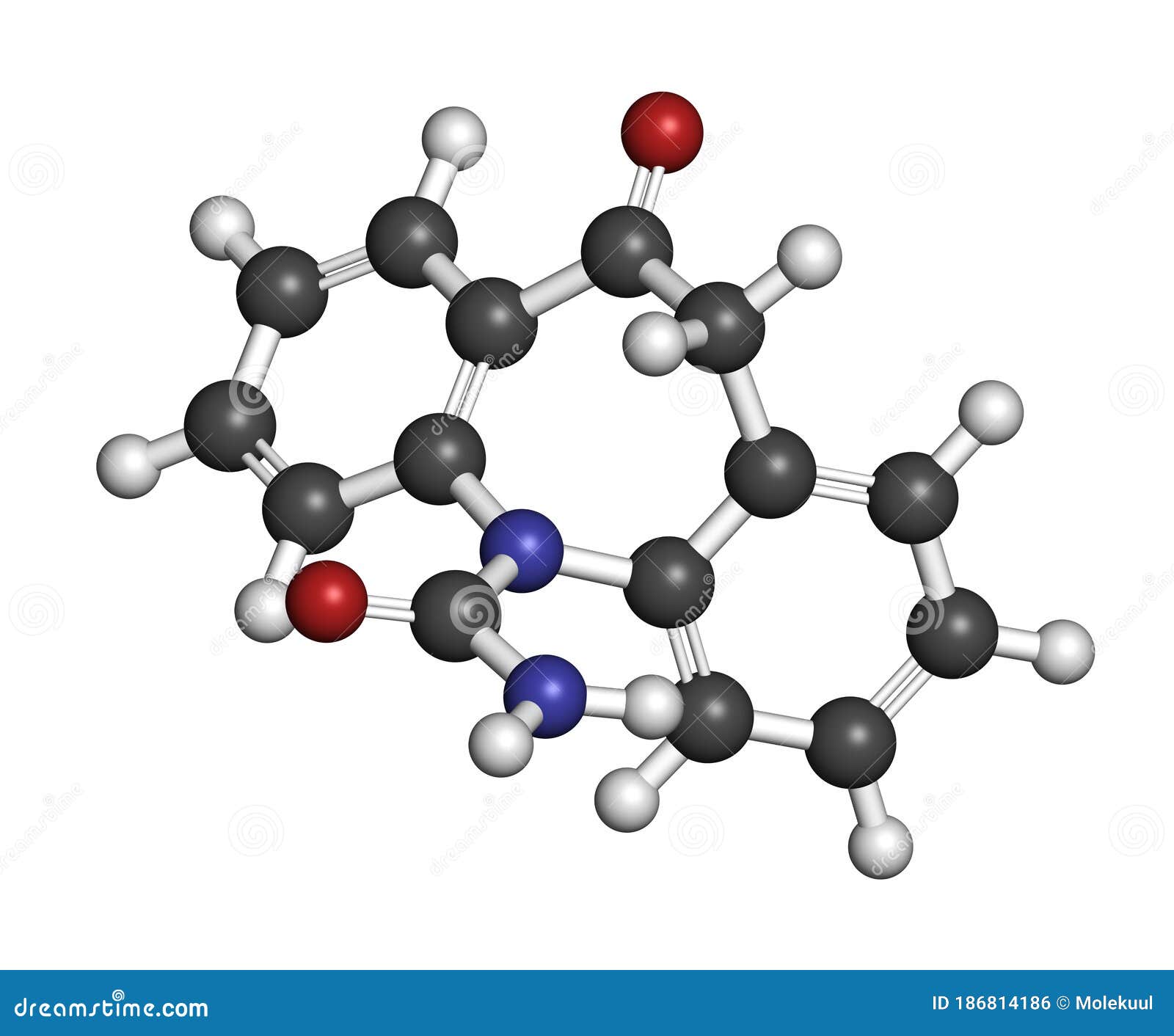 oxcarbazepine epilepsy drug molecule. 3d rendering. atoms are represented as spheres with conventional color coding: hydrogen .