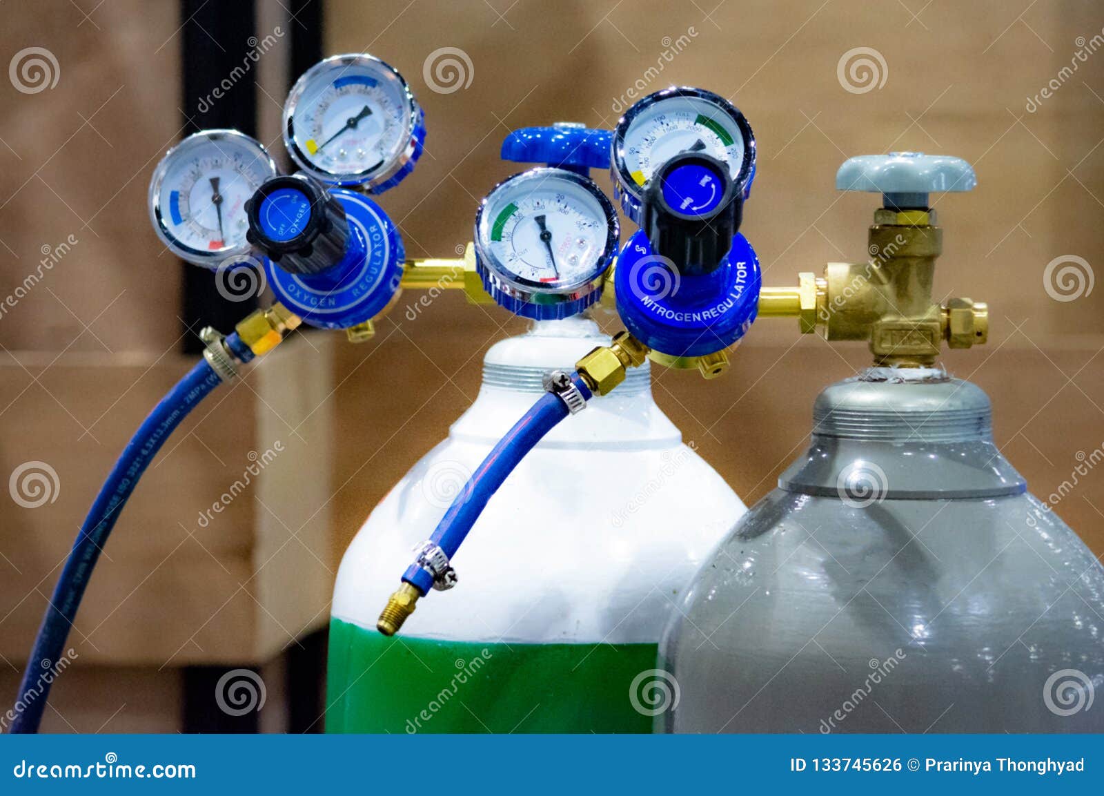 oxygen cylinder and regulator gauge in factory, equipment