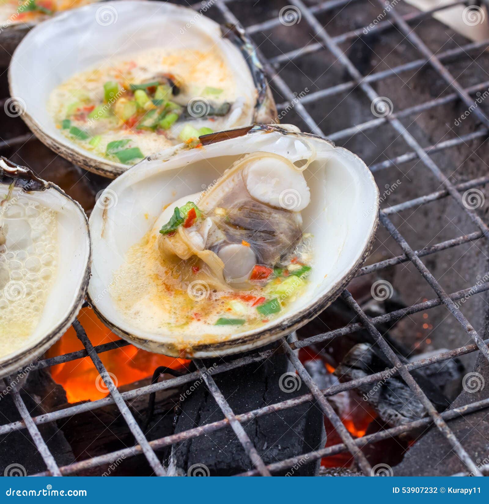 Oyster on the grill. stock photo. Image of luxury, kitchen 53907232