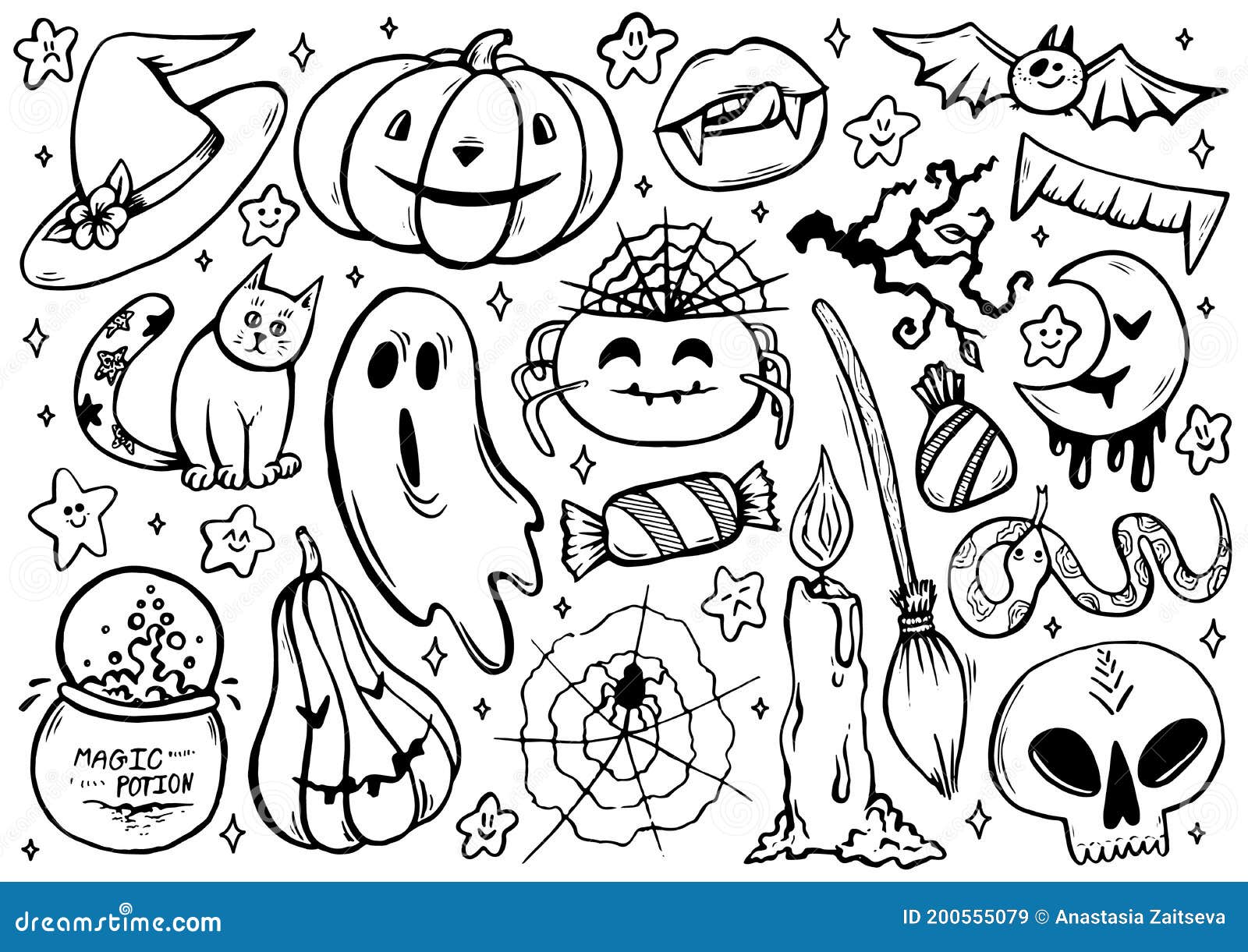 Conjunto doodle desenho mão desenhada halloween preto e branco