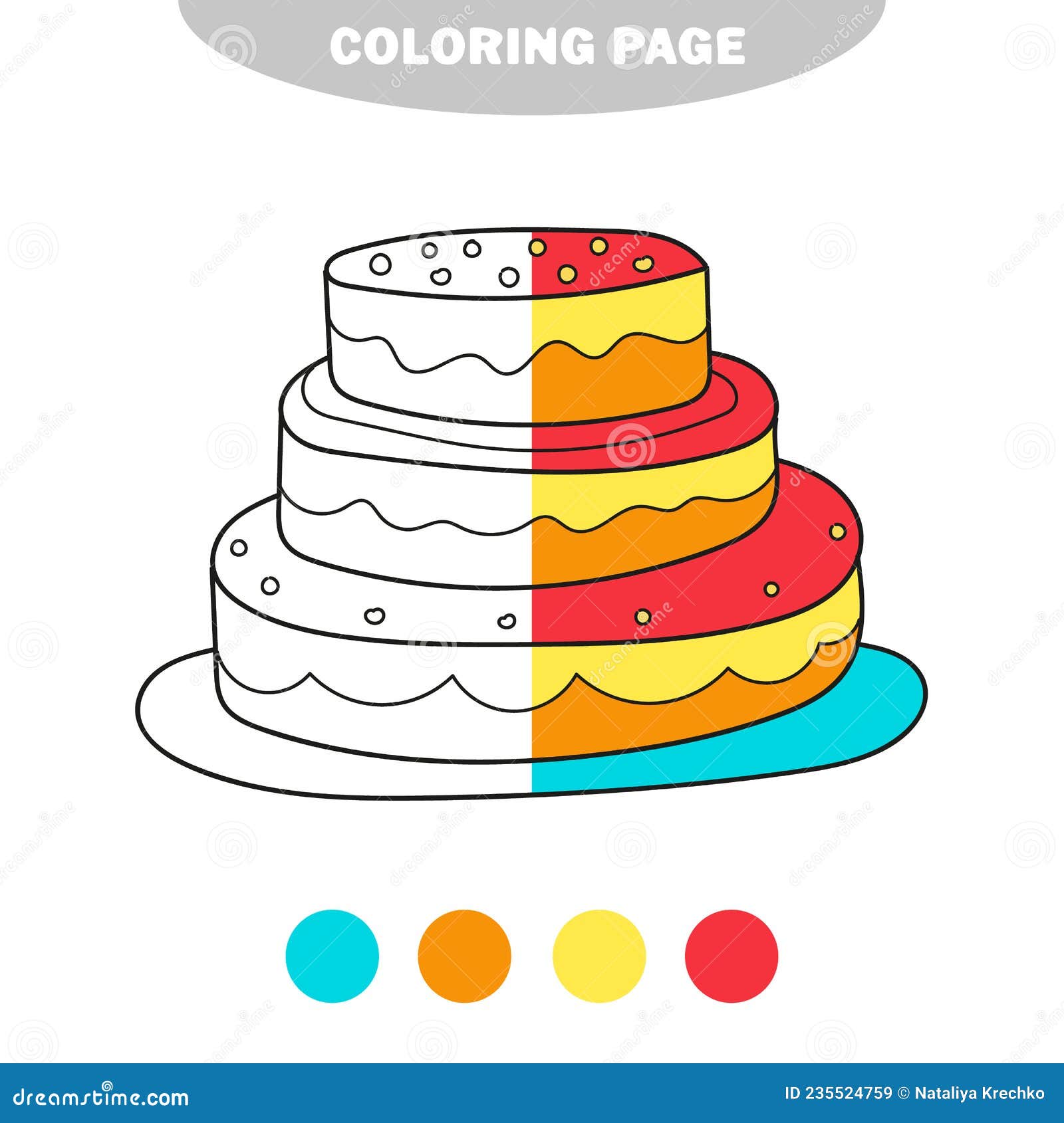 Folha de trabalho educacional do vetor da página da coloração do bolo  colorida pelo jogo da pintura da amostra