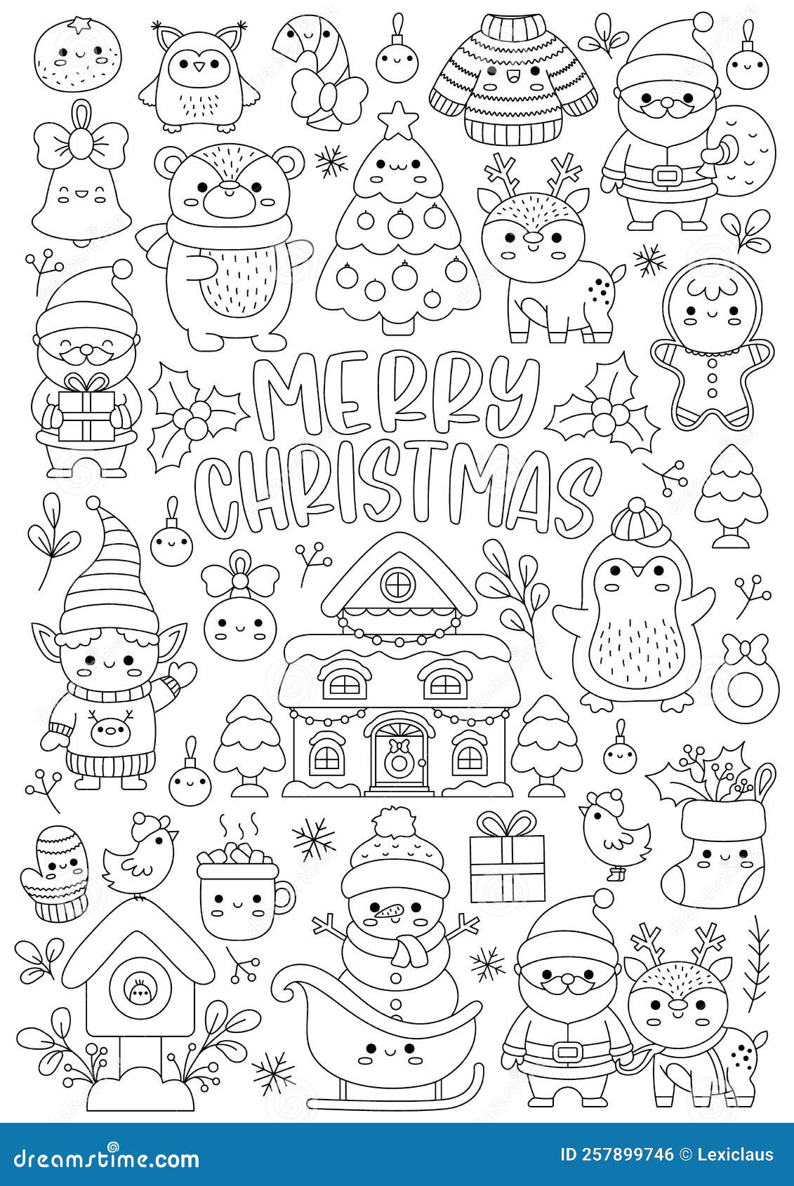 Desenhos de sino de natal kawaii para colorir