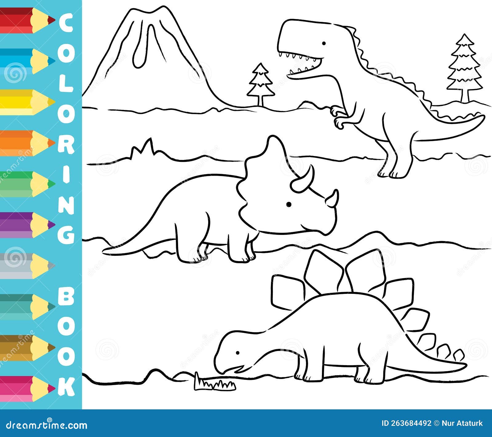 conjunto de dinossauros pré-históricos dos desenhos animados, livro de  colorir para crianças, ilustração de contorno 8945616 Vetor no Vecteezy