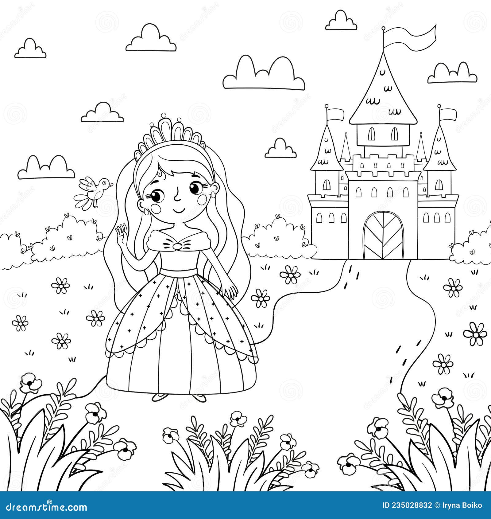 Desenho de princesa linda no castelo para colorir