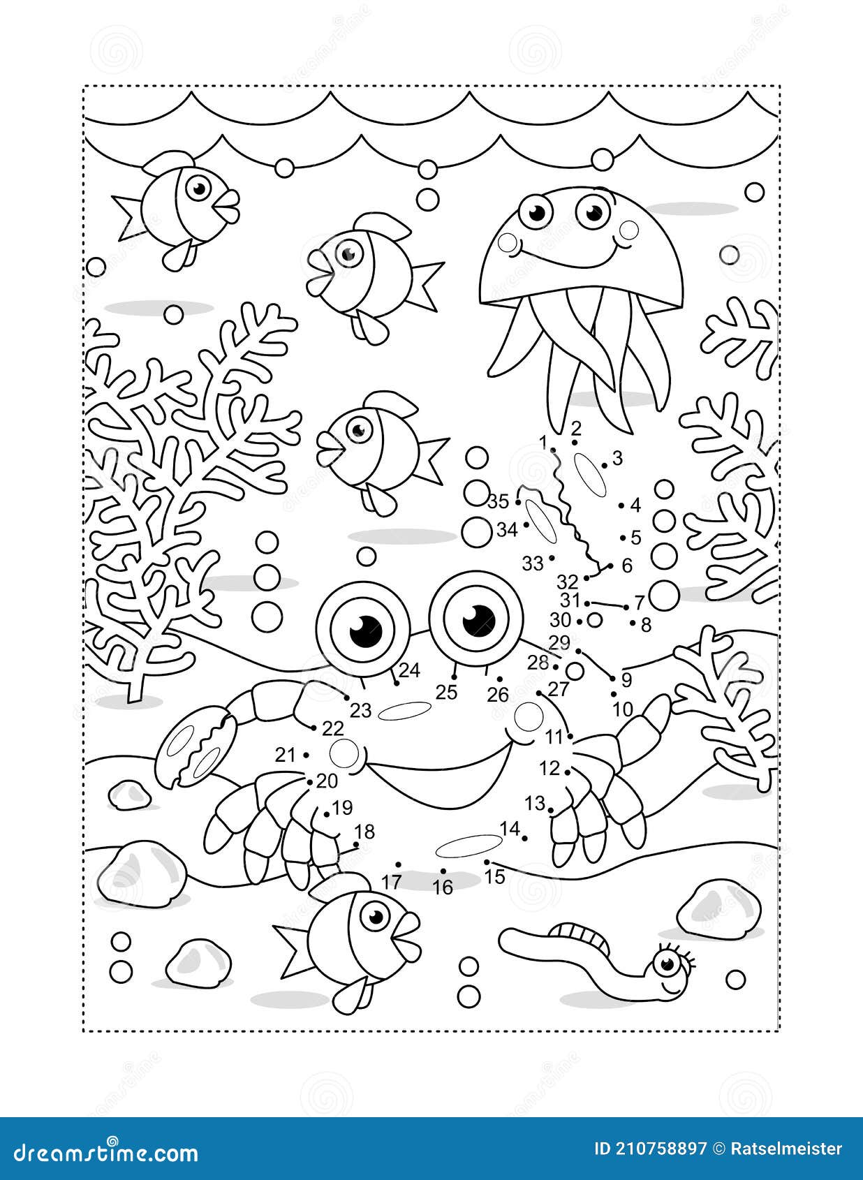 Livro de colorir jogo ponto a ponto com peixes para crianças página para  colorir com peixes de desenho animado conecte os pontos