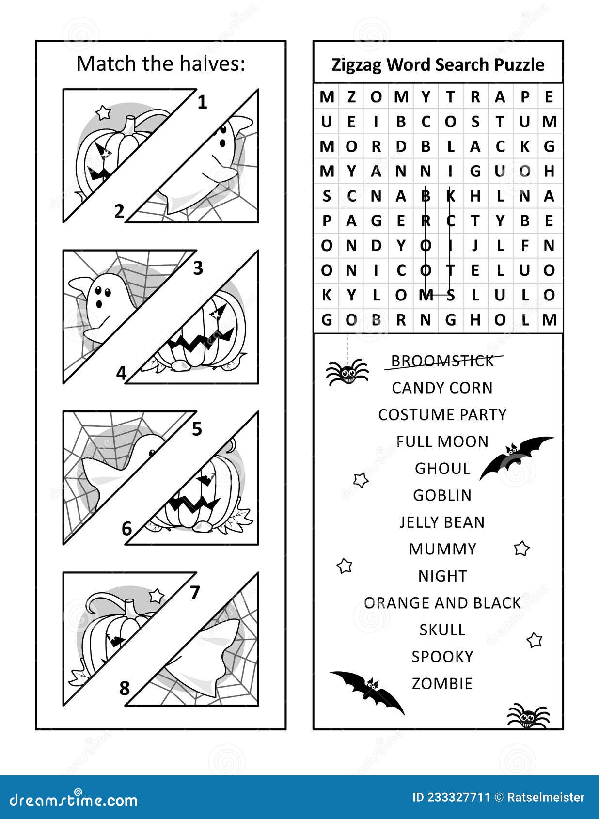 Planilha de quebra-cabeça de palavras de halloween com desenho de  feiticeiro, bruxa, abóbora e fantasmas.