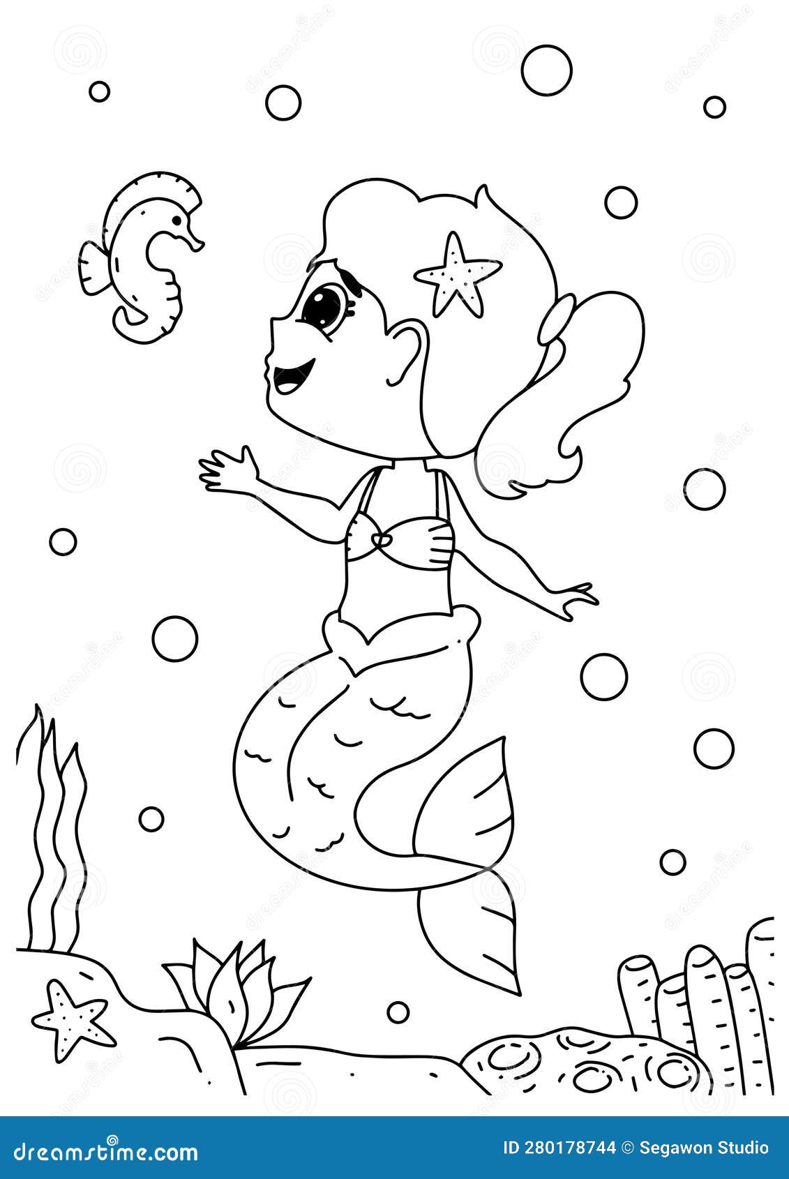 Sereia com ilustração de desenhos animados de página para colorir de peixe