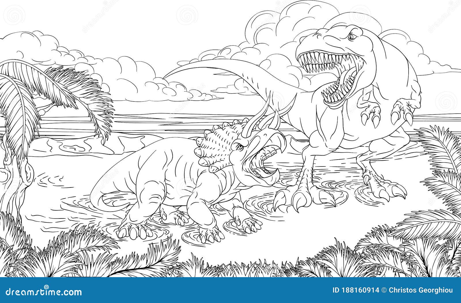 Desenho de Tricerátopo e tiranossauro rex pintado e colorido por