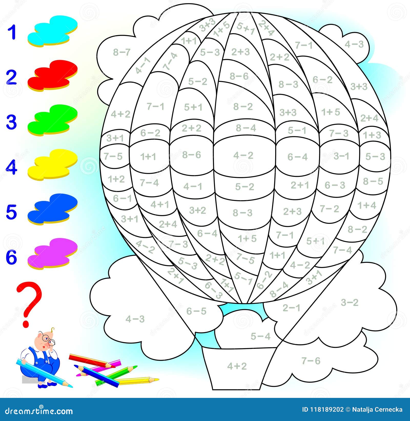 Página para colorir com balão de ar quente dos desenhos animados. colorir  por números. jogo de matemática para crianças.
