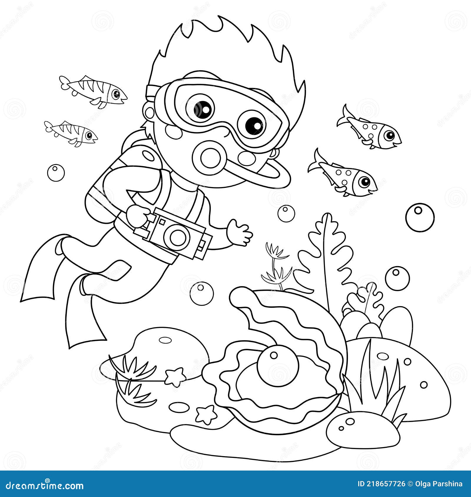 Página Para Colorear Esquema De Dibujos Animados Niño Buzo Buzo. Fotografía  Marina O Tiro. Mundo Submarino. Arrecife De Coral Con Ilustración del  Vector - Ilustración de color, perla: 218657726