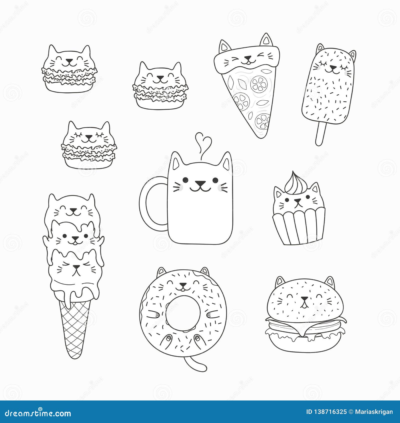 Páginas Da Coloração De Alimento Dos Gatos De Kawaii Ilustração do ...