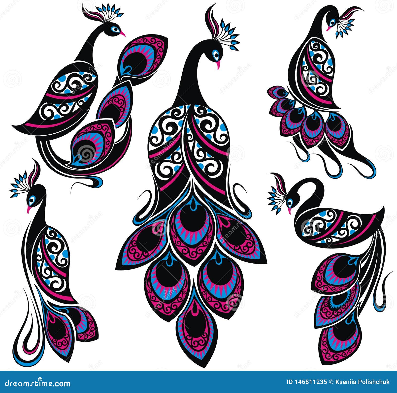Pájaros De La Fantasía Del Dibujo Del Pavo Real Colección De Pavos Reales  Ilustración del Vector - Ilustración de hermoso, textil: 146811235