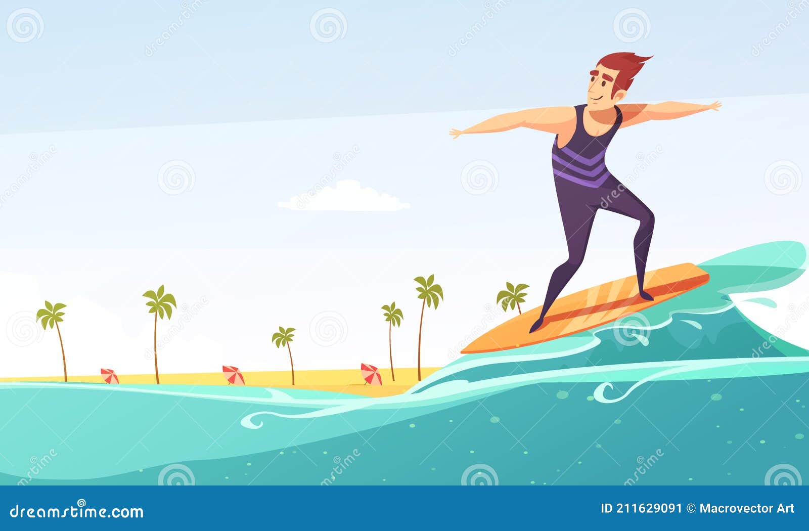 Póster De Dibujos Animados De La Playa Tropical De Surf Ilustración del  Vector - Ilustración de standing, exterior: 211629091