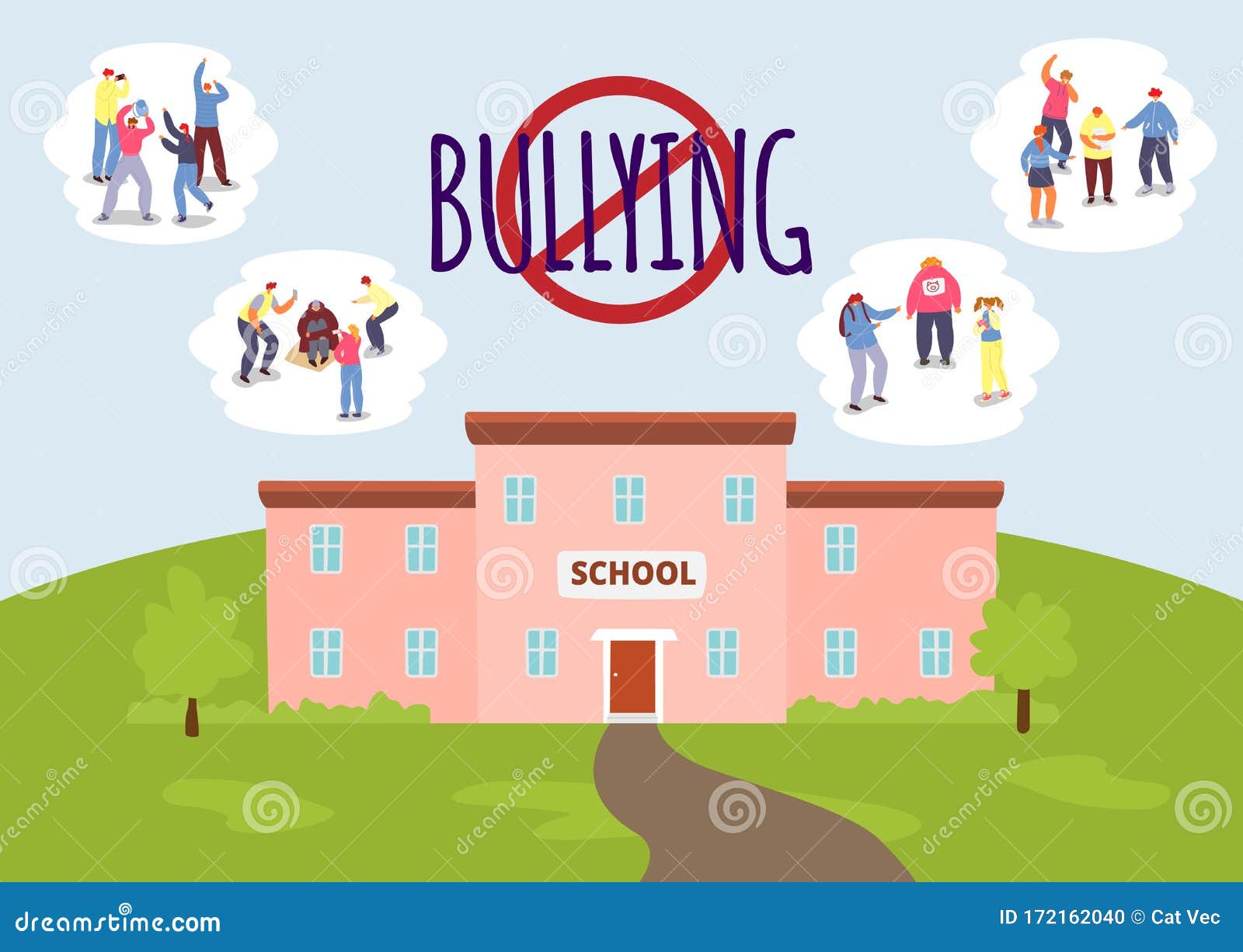 Pare o bullying na escola. valentão adolescente agressivo, agressão verbal  do aluno e ilustração de tipos de violência ou bullying de adolescentes