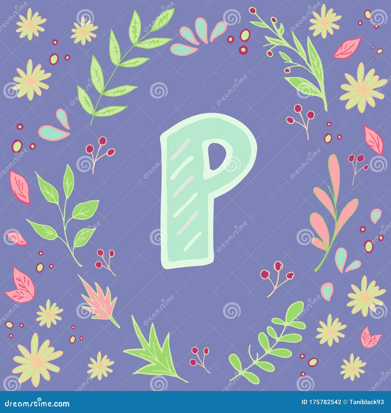 P Letter Handwritten English Letter With Stripes Floral Frame Around Pattern With Leaves Berries And Flowers Cute Stock Vector Illustration Of Blue Childish