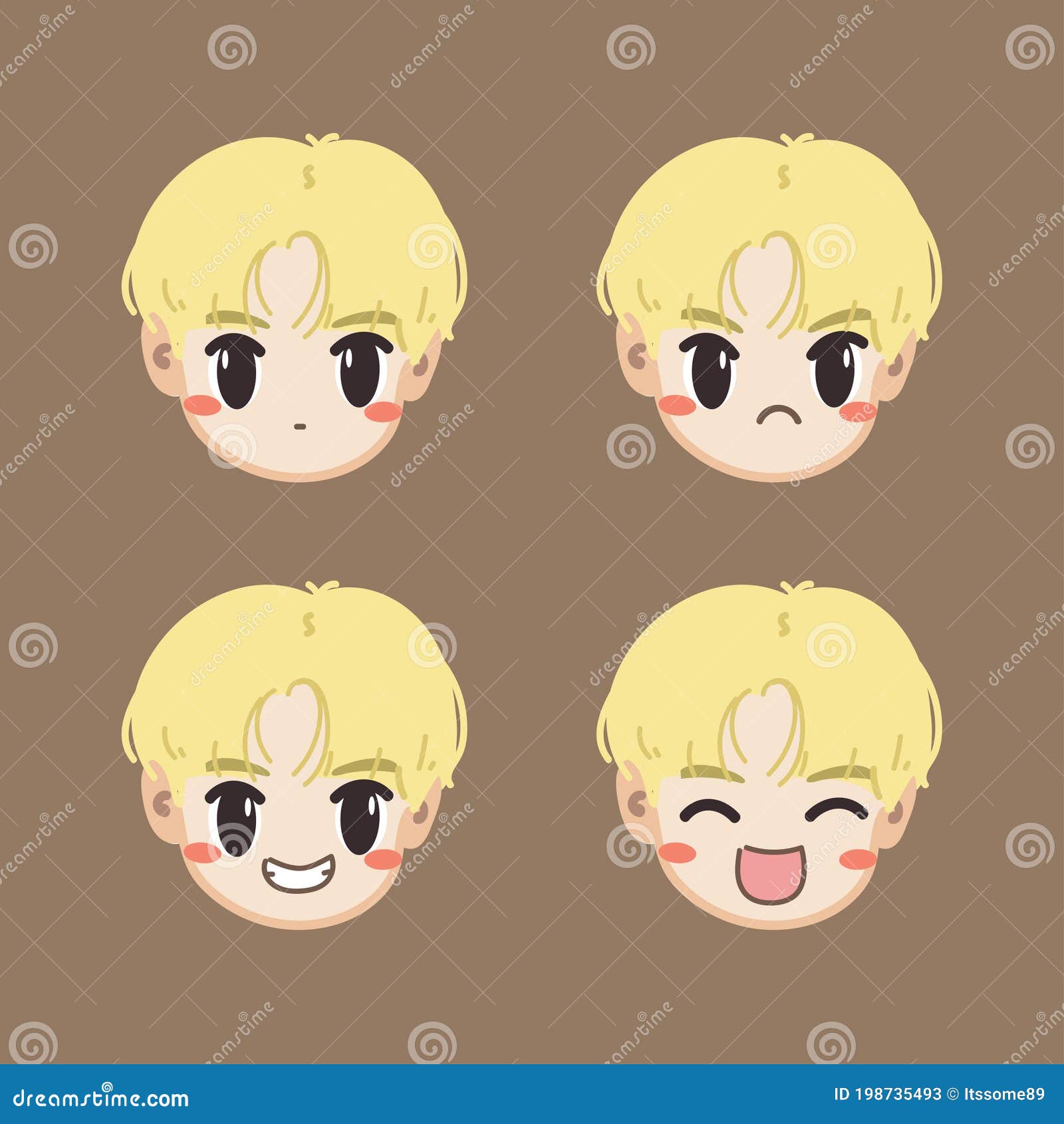 Sticker Set Cute Boy with Blonde Hair and Face with Various Expressions