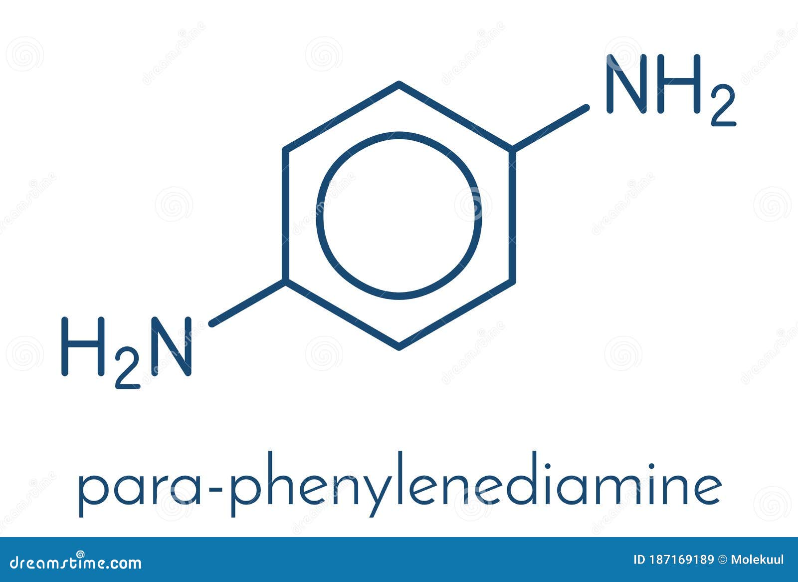 p-phenylenediamine ppd hair dye molecule. also precursor in polymer synthesis. known contact allergen, possibly carcinogenic..
