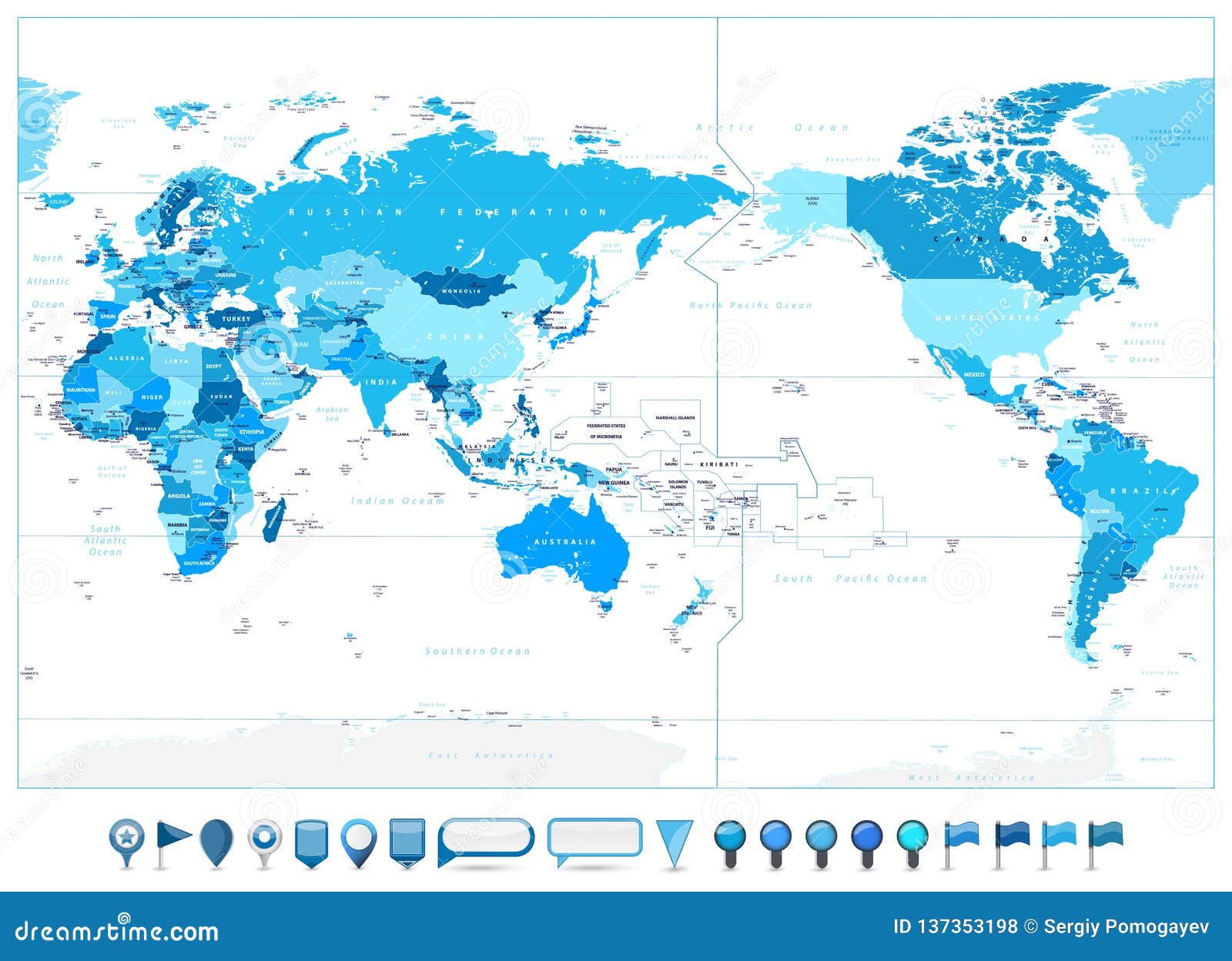 pacific centered world map in colors of blue and glossy map icons stock