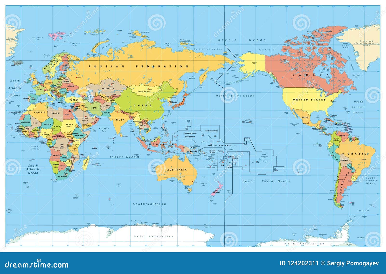 Pacific Centred World Political Map Vector Illustration Cartoondealer