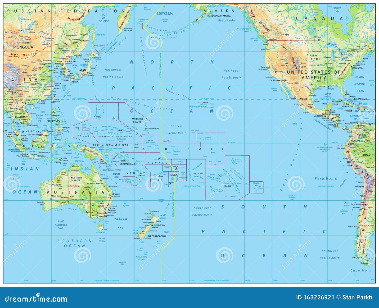 pacific ocean physical map. no bathymetry