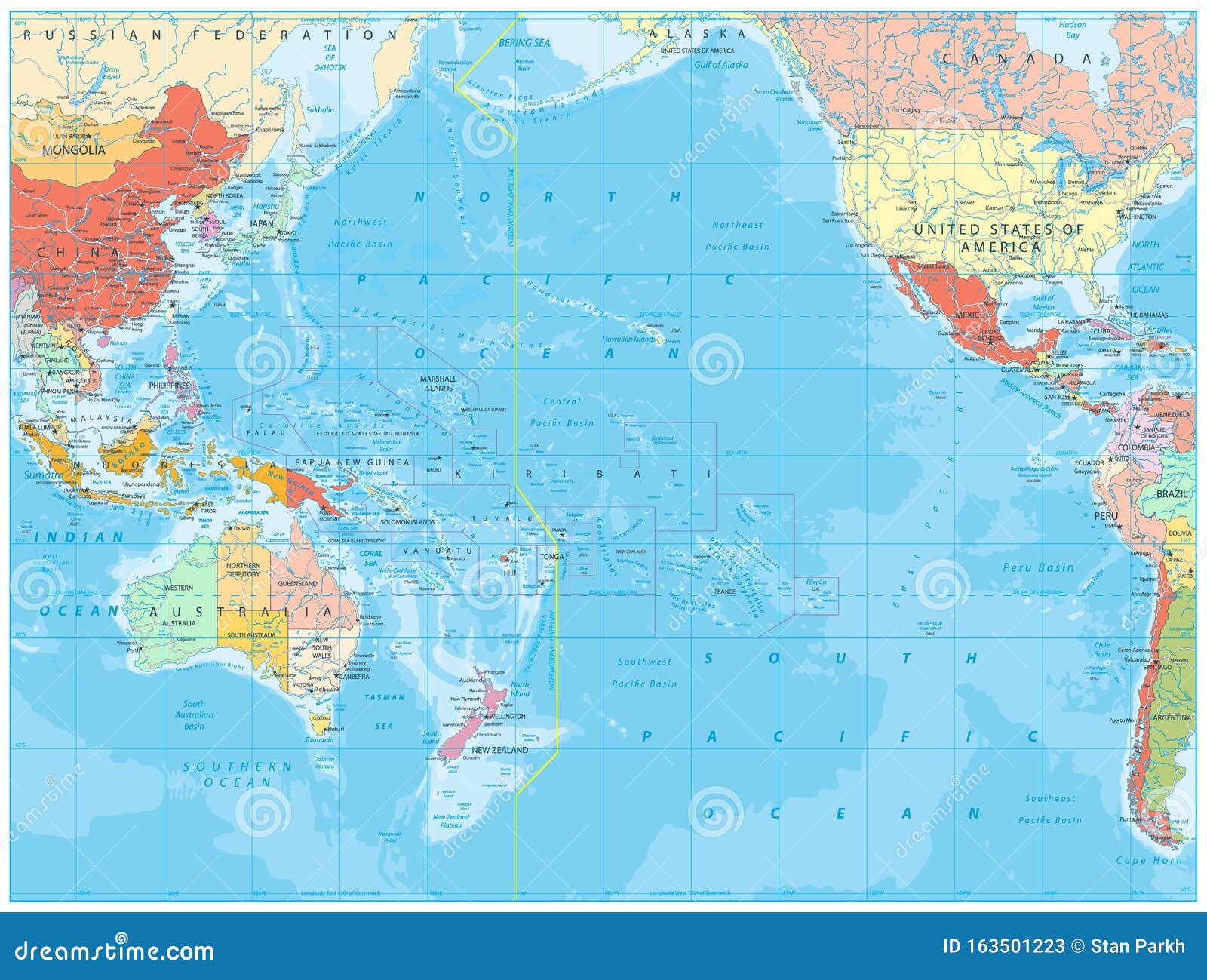 pacific ocean political map and bathymetry