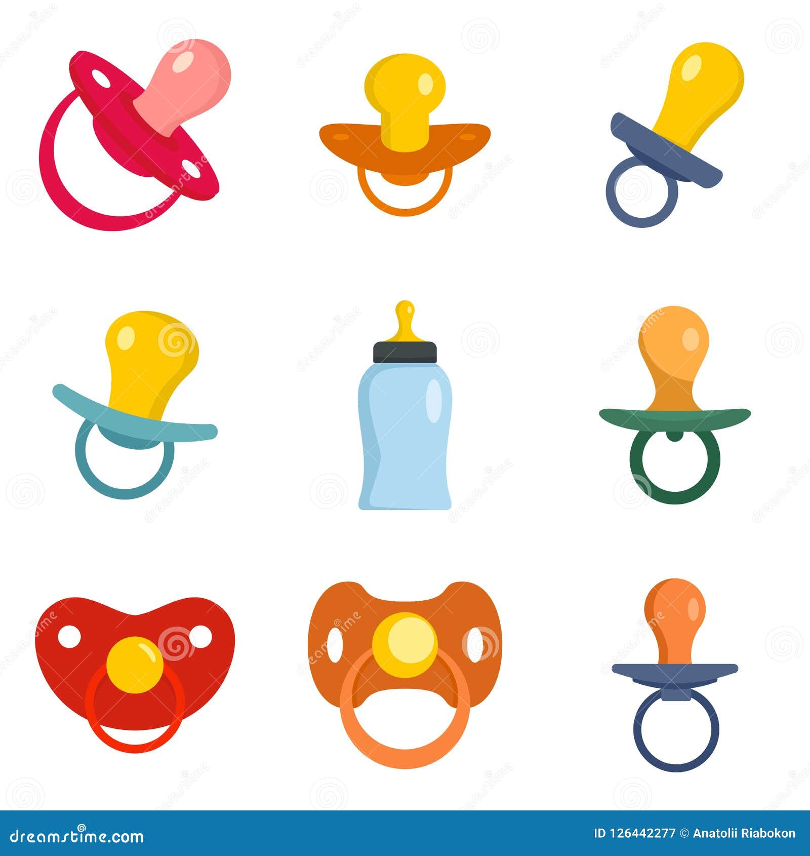 pacifier baby care newborn icons set, flat style