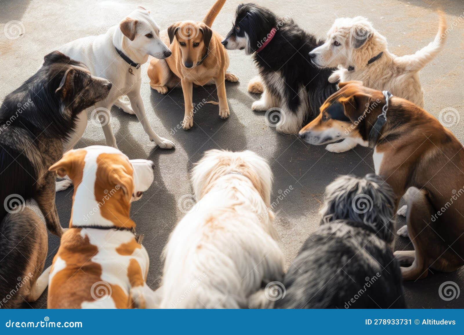 A Pack of Dogs Sitting in a Circle, Looking at One Another Stock