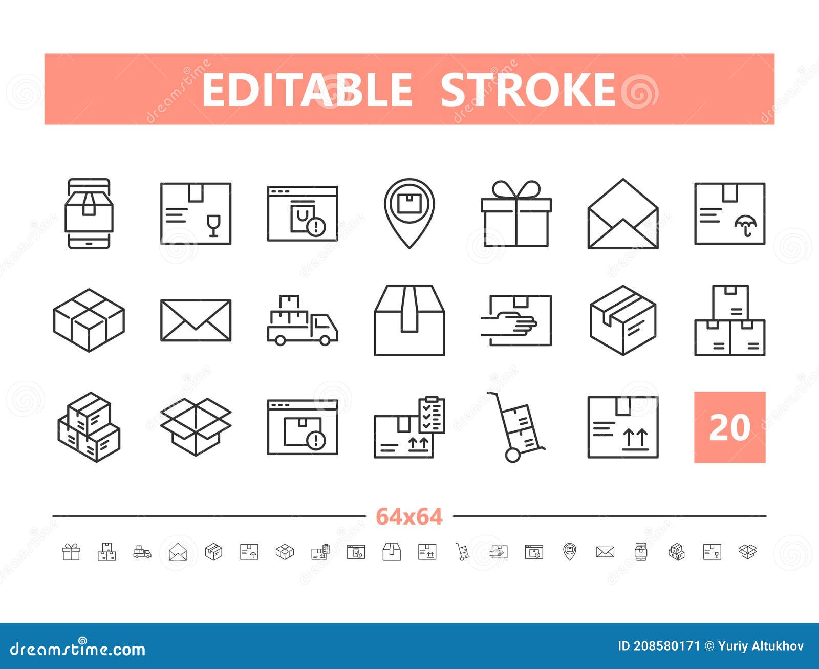 package delivery 20 line icons.   in line style. editable stroke, 64x64, 256x256, pixel perfect.