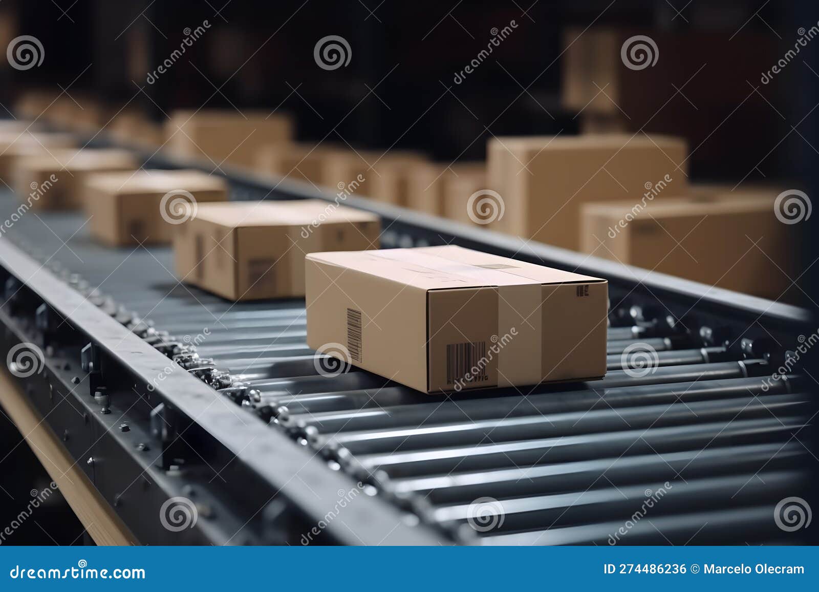 Packages on an Industrial Conveyor Belt. Automatic Logistics Management