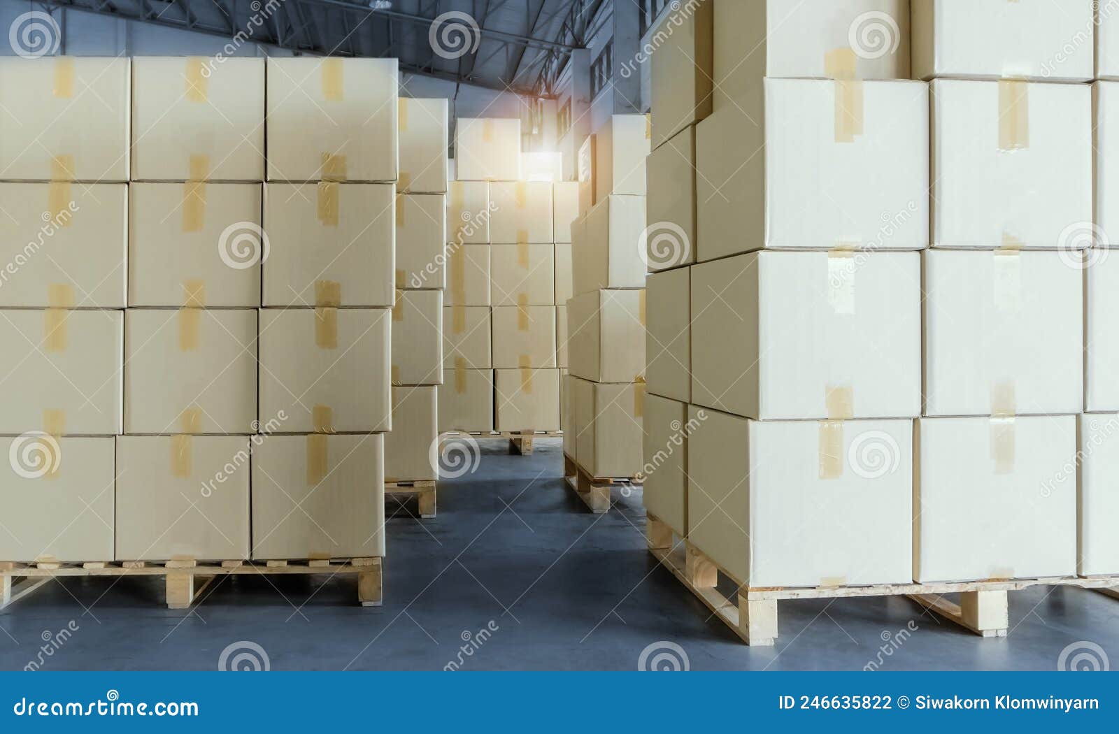 Packaging Boxes Stacked On Pallets In Storage Warehouse. Cardboard