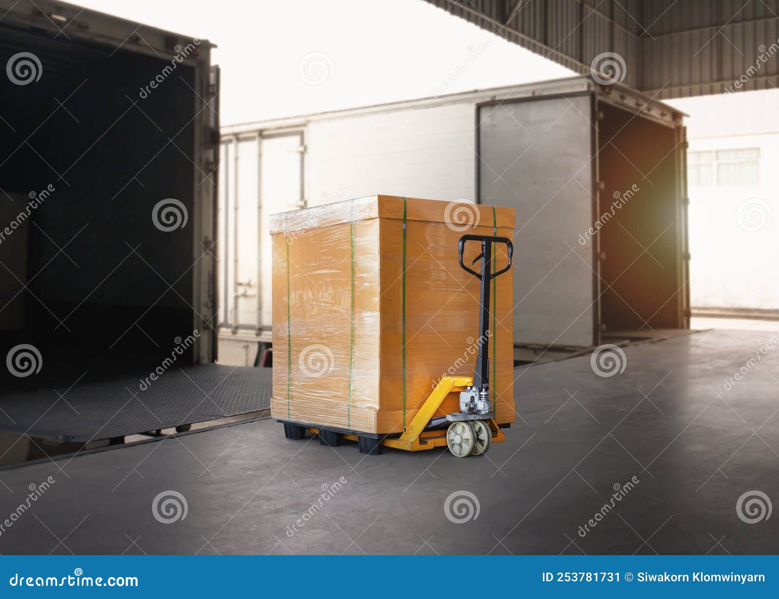 Packaging Boxes Wrapped Plastic on Pallet with Hand Pallet Jack