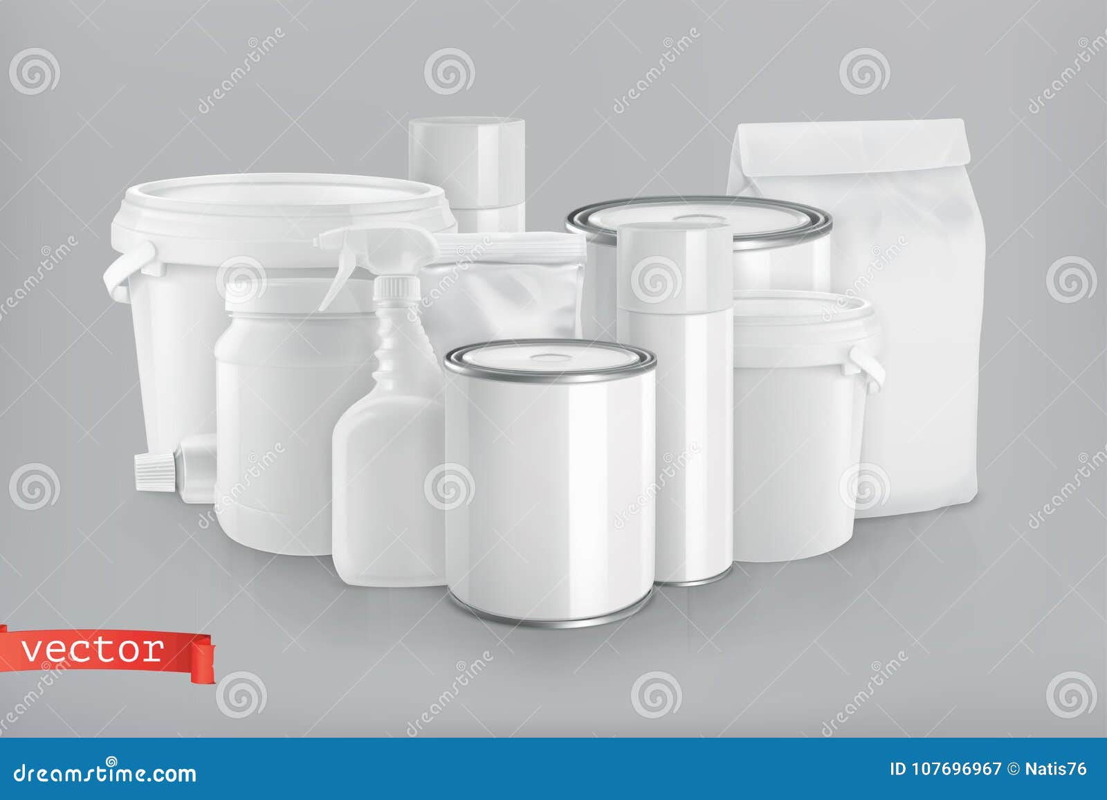 packaging building and sanitary. white plastic, metal and paper pack.  group