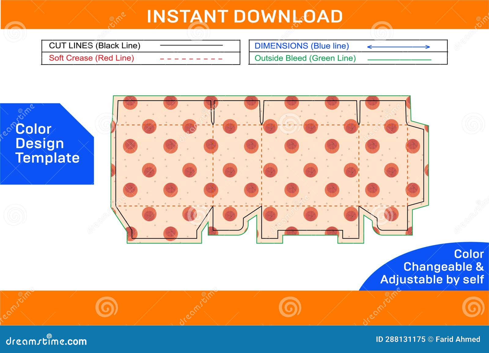 packaging corrugated box dieline template and 3d box  and editable easily resizeable color  template