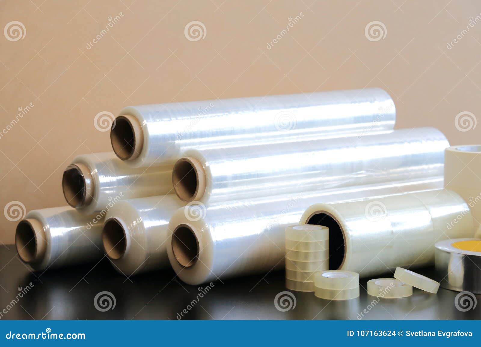 packaging materials: stretch film, adhesive tape, paint tape.