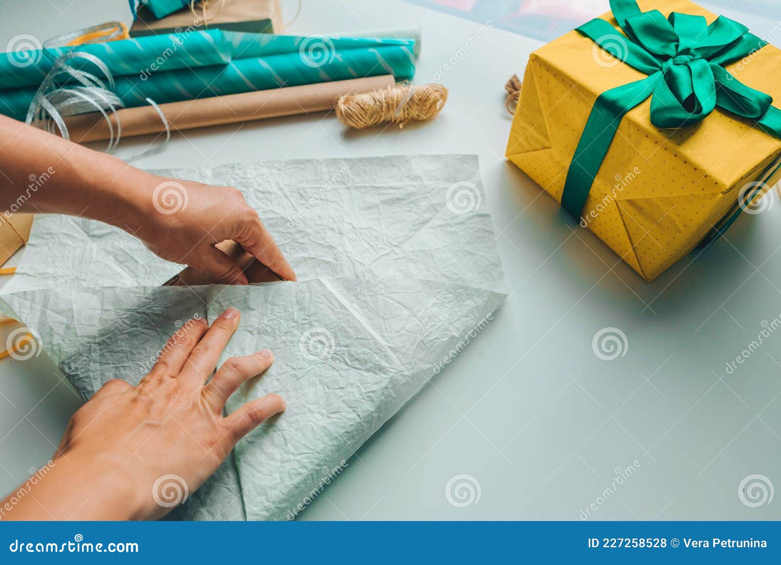 Packing Gift Box with Wrapping Paper Stock Photo Image of rope