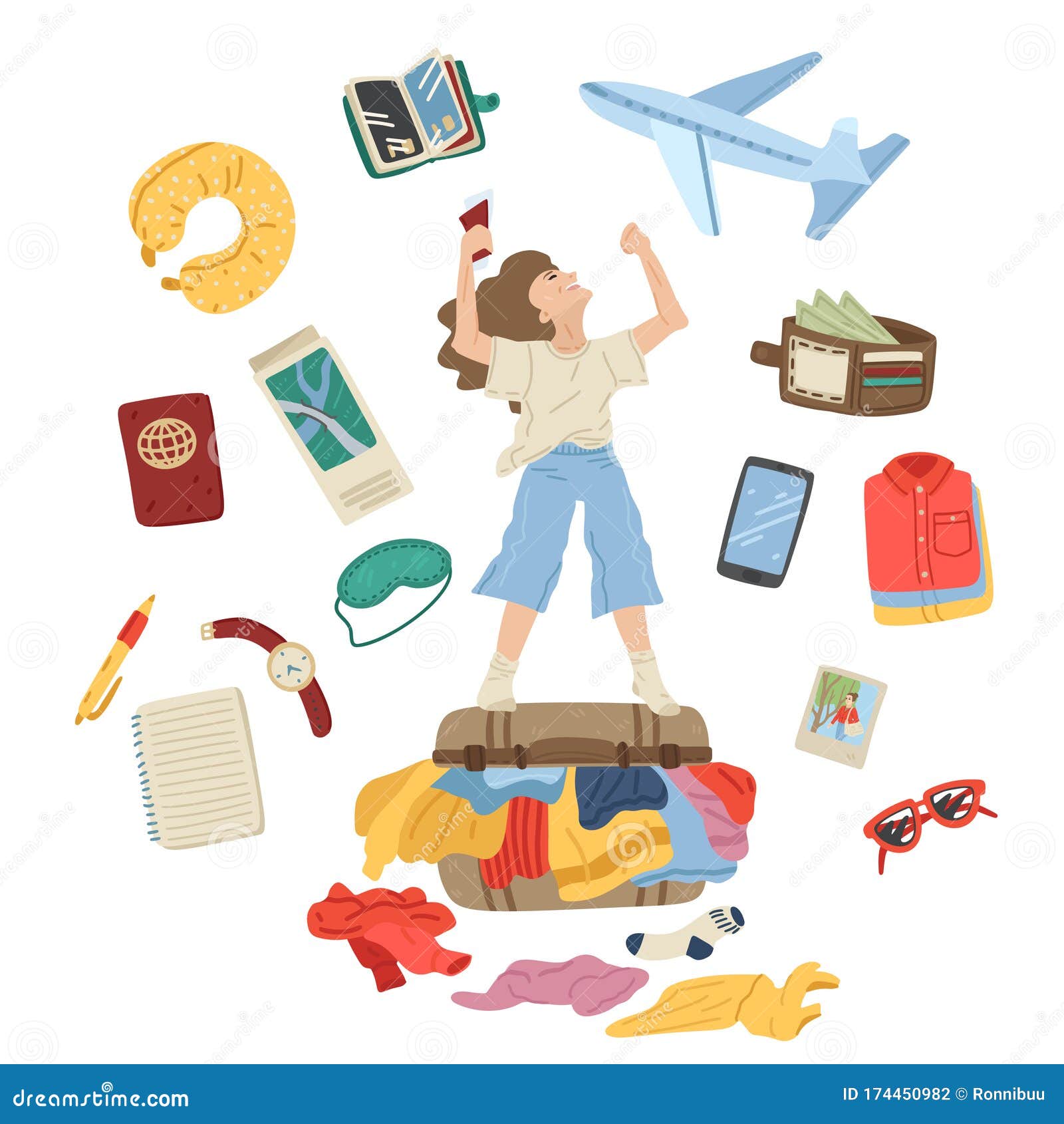 Packing Suitcase For Vacation. Set Of Travel Items, Vector Cartoon