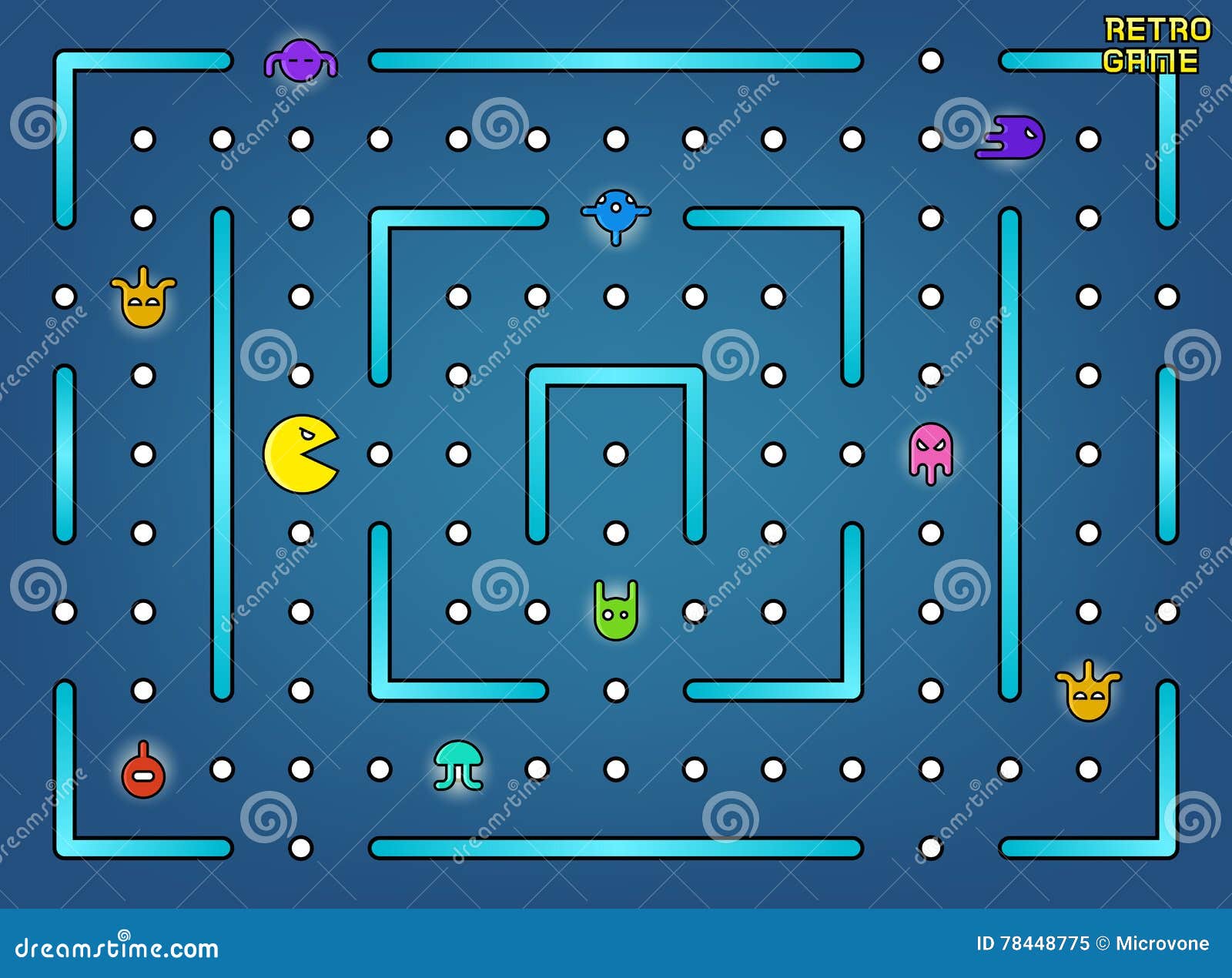 Pacman Le El Juego De Arcada Video Con La Acción Del Vector De Fantasmas, Del Laberinto Y De La Interfaz De Usuario Imagen editorial - Ilustración de icono: 78448775