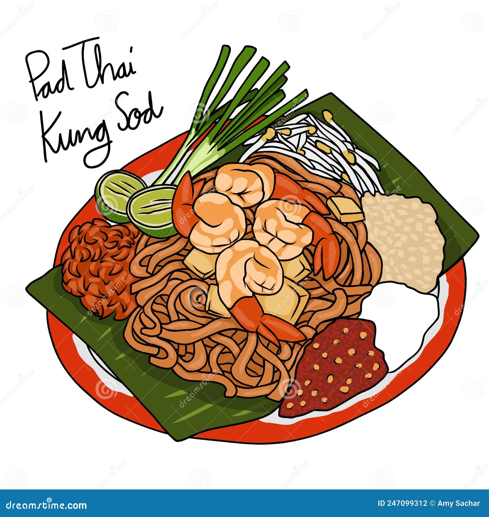 Pad Thai Kung Sod Thai Stirfries Noodle with Shrimps Stock Vector