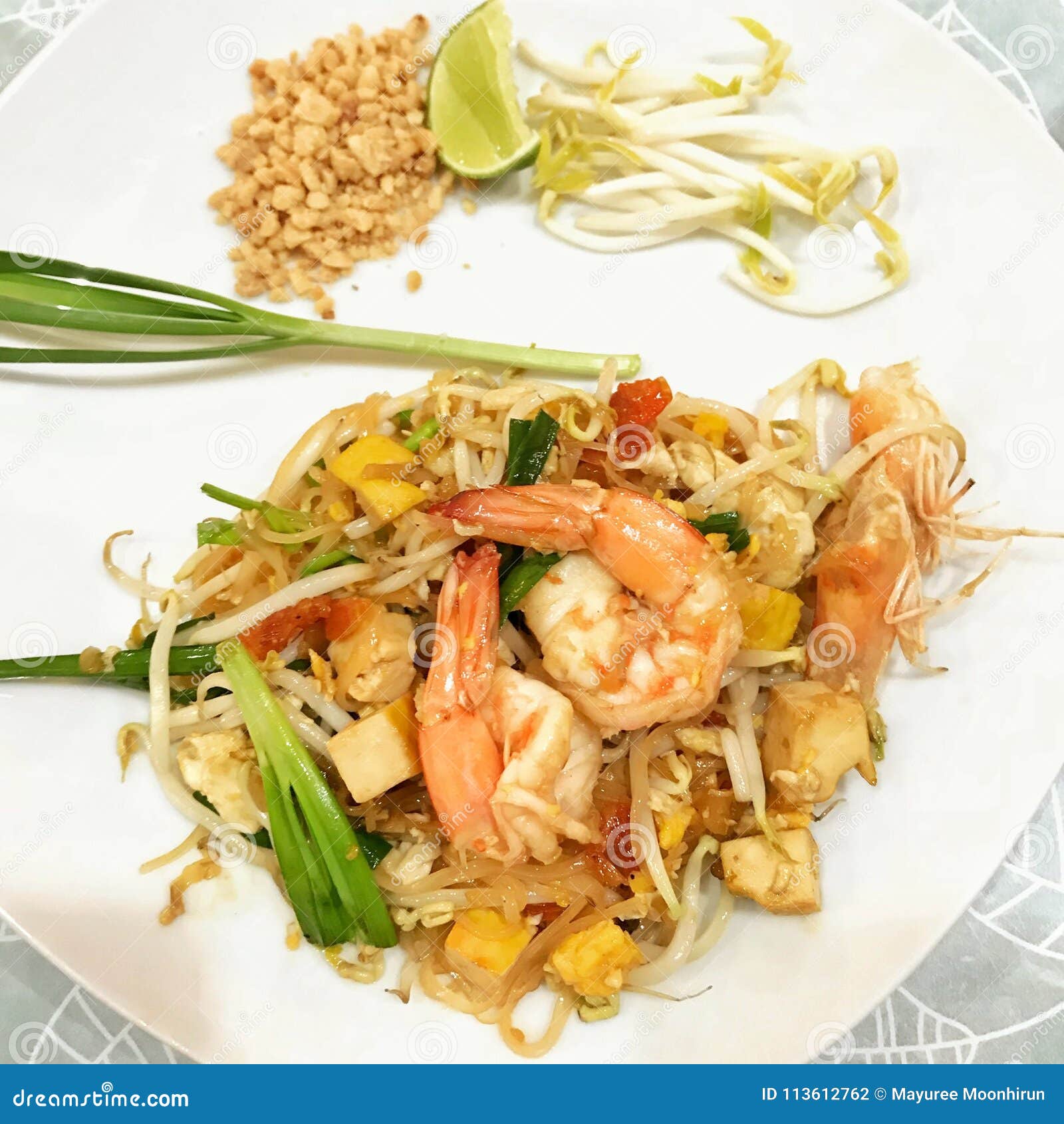Pad Thai Famous Thai Dish Fried Rice Noodles with Shrimp on White Plate